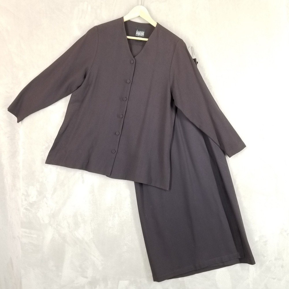 Vtg Eileen Fisher Skirt Suit Women S Brown 100% Wool Wrap Maxi Button Tunic USA